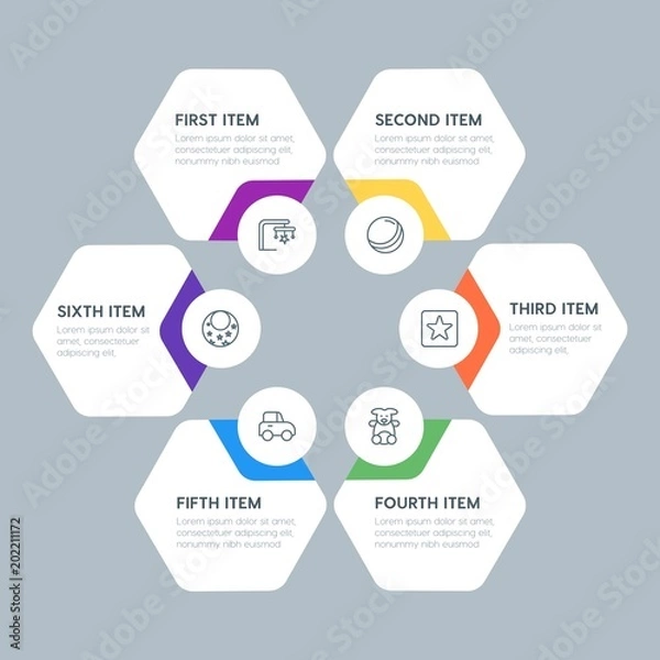 Fototapeta Flat geometric health, kids_and_toys infographic steps template with 6 options for presentations, advertising, annual reports.