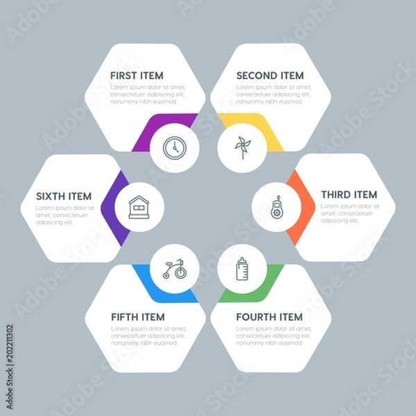 Fototapeta Flat geometric health, kids_and_toys infographic steps template with 6 options for presentations, advertising, annual reports.