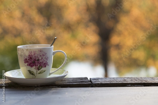 Fototapeta cup of tea by the lake . spring concept