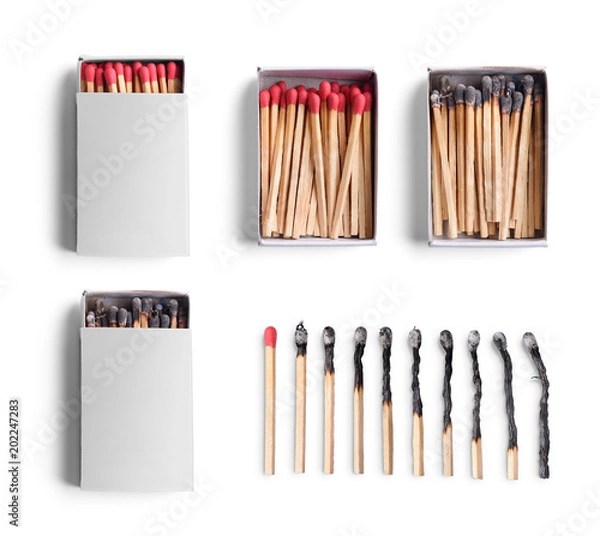Fototapeta Set of match boxes and matchsticks isolated on white background