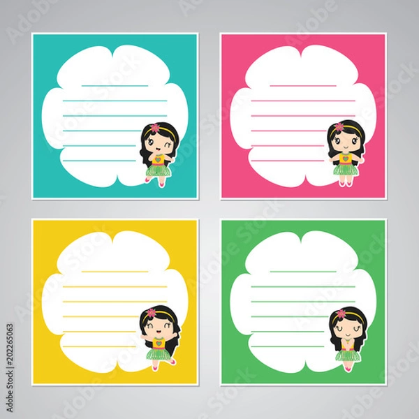 Fototapeta Cute colorful aloha girl frame vector cartoon illustration for kid memo paper design, stationery and planner sticker