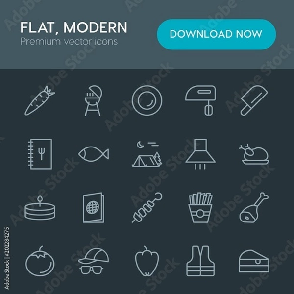 Fototapeta Modern Simple Set of food, drinks, travel Vector outline Icons. Contains such Icons as holiday,  vintage,  fashion,  tomato,  meat,  grilling and more on dark background. Fully Editable. Pixel Perfect