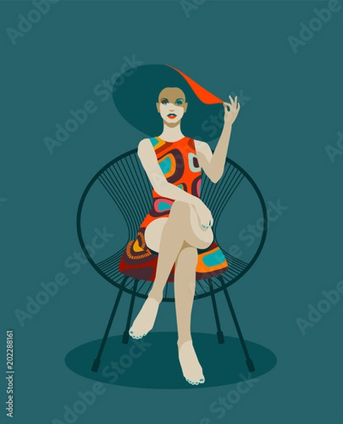 Fototapeta Modna kobieta w kapeluszu siedzi na krześle. Styl retro pop-art. Eps10