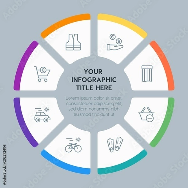 Fototapeta Circle chart hotel, shopping, travel infographic template with 8 options for presentations, advertising, annual reports