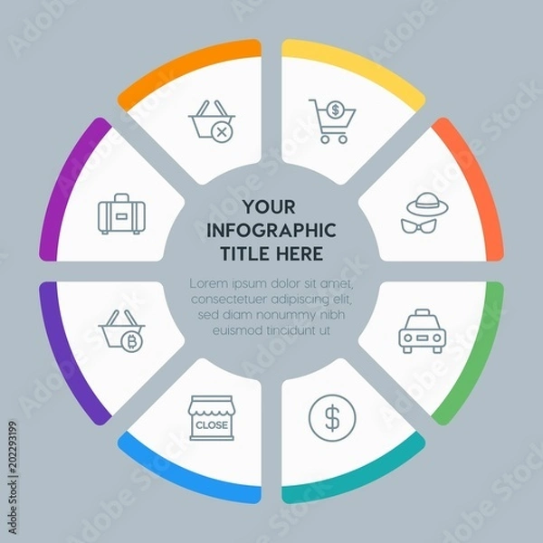 Fototapeta Circle chart hotel, shopping, travel infographic template with 8 options for presentations, advertising, annual reports