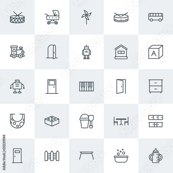 Fototapeta Modern Simple Set of furniture, kids and toys Vector outline Icons. Contains such Icons as  carriage,  building, coffee,  bottle,  cute and more on white background. Fully Editable. Pixel Perfect.