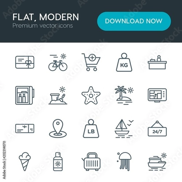 Obraz Modern Simple Set of hotel, shopping, travel Vector outline Icons. Contains such Icons as  food, gift, yacht,  ocean,  animal,  background and more on white background. Fully Editable. Pixel Perfect