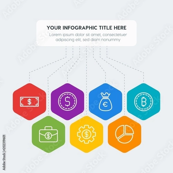 Obraz Flat geometric money, charts infographic steps template with 7 options for presentations, advertising, annual reports