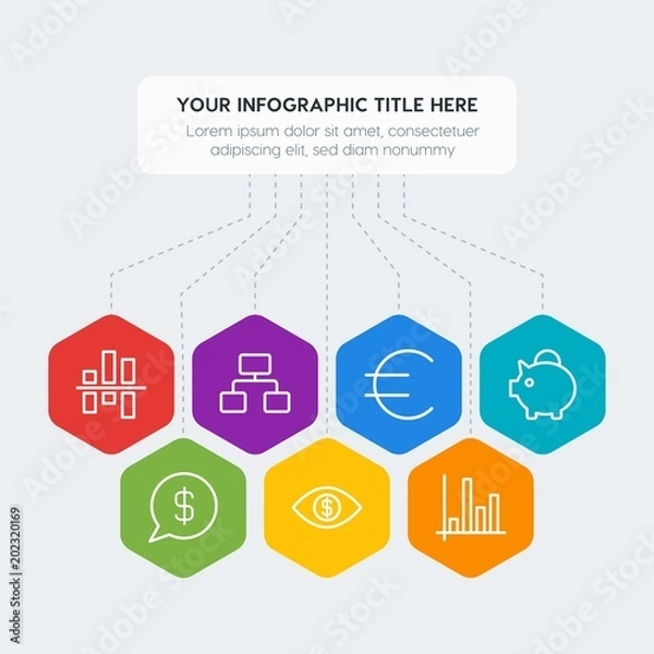 Fototapeta Flat geometric money, charts infographic steps template with 7 options for presentations, advertising, annual reports