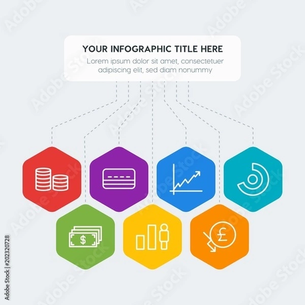 Fototapeta Flat geometric money, charts infographic steps template with 7 options for presentations, advertising, annual reports