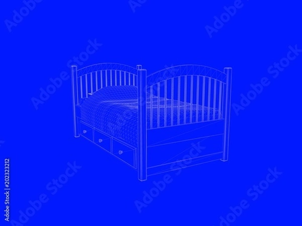 Fototapeta 3d rendering of a bed blueprint as lines on a blue background