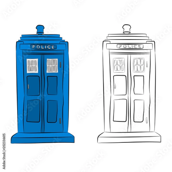 Fototapeta police box contour drawing in pencil