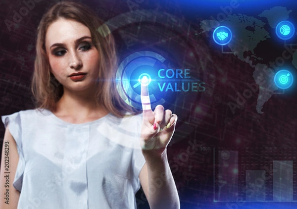 Fototapeta The concept of business, technology, the Internet and the network. A young entrepreneur working on a virtual screen of the future and sees the inscription: Core values