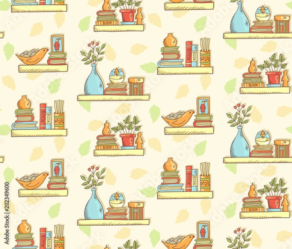 Fototapeta Cute shelves with books vases pots seamless vector pattern