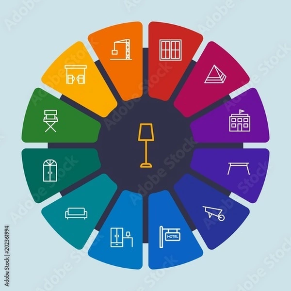 Fototapeta industry, buildings, furniture Infographic Circle outline Icons Set. Contains such Icons as lamp,  room, window, makeup,  chair, pump,  table,  interior,  egypt and more. Fully Editable. Pixel Perfect