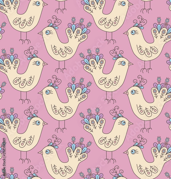Obraz Birds doves doodle curly seamless vector pattern