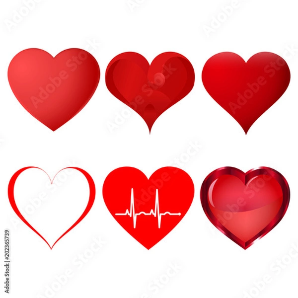 Fototapeta Set of red hearts isolated on white background. Vector illustration