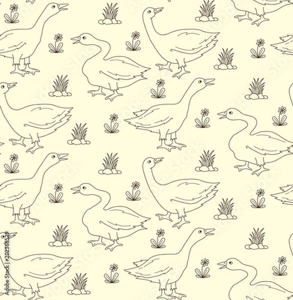 Fototapeta Goose birds vintage line seamless vector pattern
