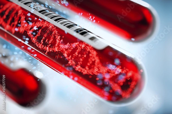Fototapeta Molecule of DNA forming inside the test tube in the blood test equipment.3d rendering,conceptual image.