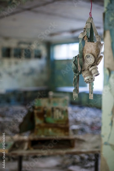 Obraz Gas masks in the middle school in Pripyat, Chernobyl exclusion zone. Nuclear catastrophe
