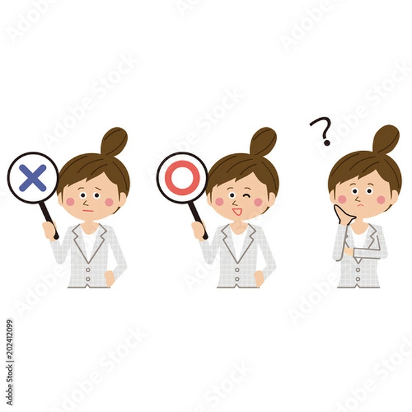 Fototapeta 灰色のスーツのポップなビジネスウーマン　〇×ハテナ