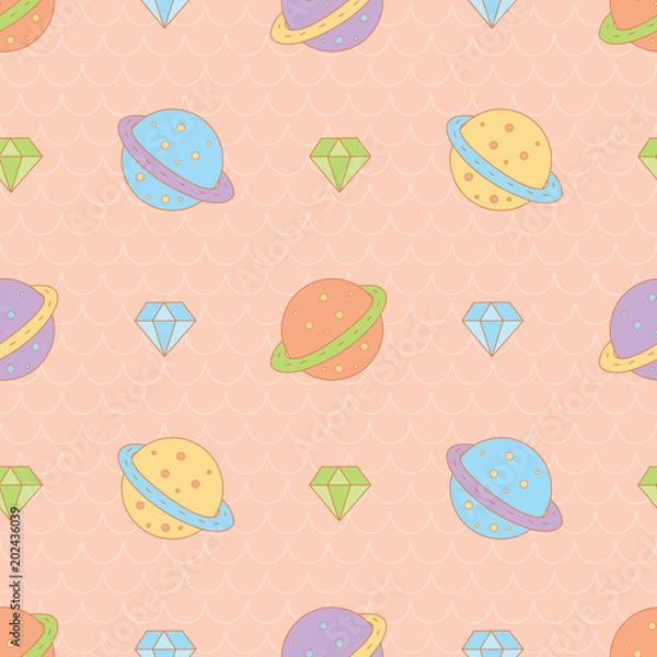 Obraz Diamond planet in orange wavy background. A playful, modern, and flexible pattern for brand who has cute and fun style. Repeated pattern. Happy, bright, and magical mood.