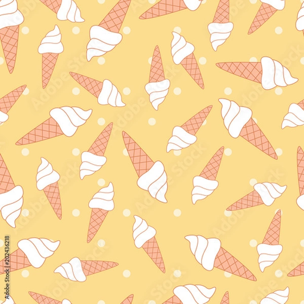 Fototapeta White ice icream cone in yellow polka dots. A playful, modern, and flexible pattern for brand who has cute and fun style. Repeated pattern. Happy, bright, and magical mood.