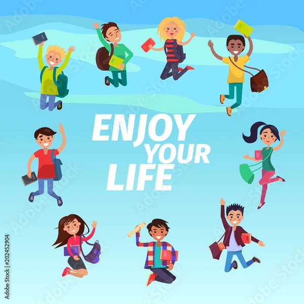 Fototapeta Bouncing Students Hovering in Sky Enjoy Your Life