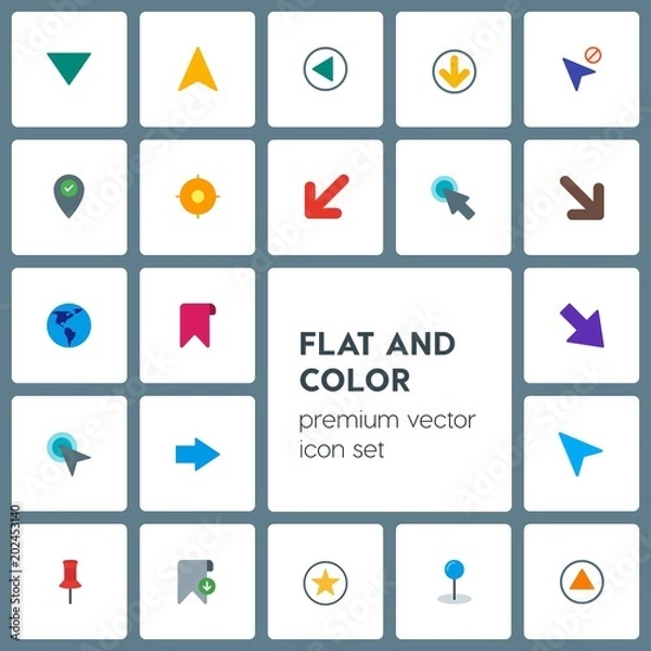 Fototapeta Modern Simple Set of location, arrows, cursors, bookmarks Vector flat Icons. Contains such Icons as  circular,  next,  double,  download, up and more on grey background. Fully Editable. Pixel Perfect