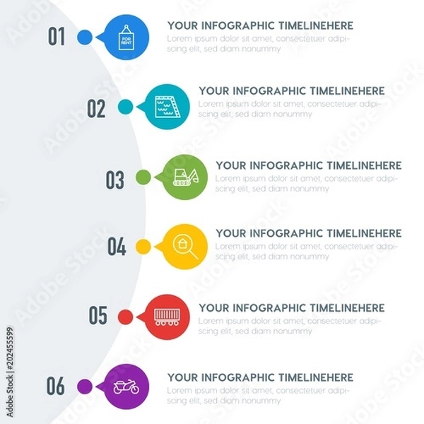 Obraz Flat transports, industry, buildings infographic timeline template with 7 options for presentations, advertising, annual reports