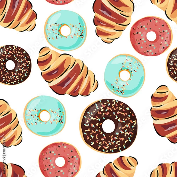 Obraz Sweet seamless pattern with croissant and donuts. Vector background for cafe, food design and packaging.