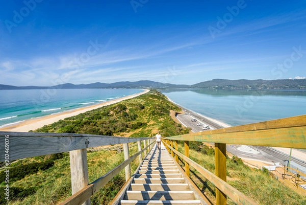 Fototapeta Amazing wooden view point over small green island sandy beach shore with turquoise blue water of southern ocean on a warm sunny blue sky day, The Neck, Bruny Island, Tasmania, Australia - 11-18-2017