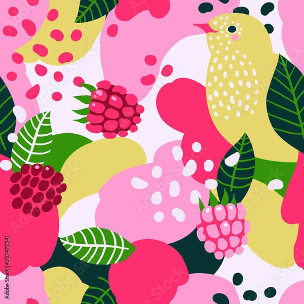 Obraz Raspberries and birds on abstract background. Vector seamless pattern