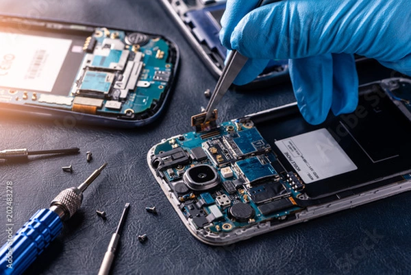 Fototapeta The asian technician repairing the smartphone's motherboard in the lab with copy space. the concept of computer hardware, mobile phone, electronic, repairing, upgrade and technology.