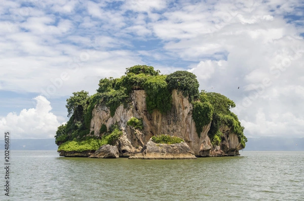 Fototapeta small islands, rocks in the Atlantic Ocean, covered with tropical vegetation, against the sky and clouds, Los Haitises National Park, of Samana Bay, Dominican Republic