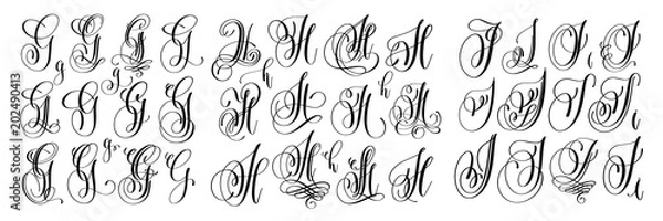 Fototapeta calligraphy letters set G, H and I, script font Isolated