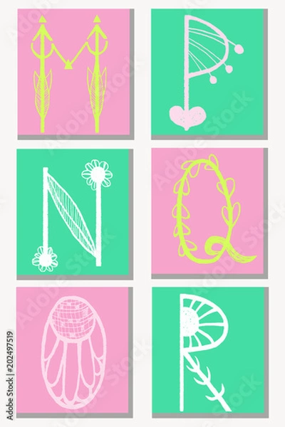 Obraz Cute hand drawn alphabet in flower style made in vector. Doodle letters M, N, O, P, Q, R for your design. Isolated characters. Handdrawn font.