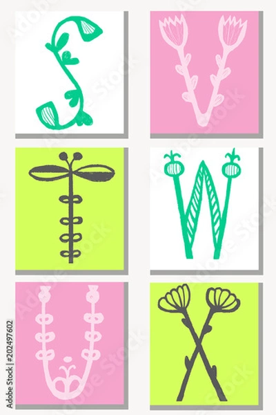 Obraz Cute hand drawn alphabet in flower style made in vector. Doodle letters S, T, U, V, W, X  for your design. Isolated characters. Handdrawn font.
