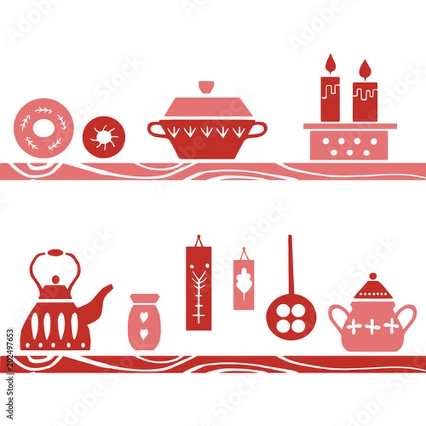 Obraz Vector hand drawn poster in the style of "Hygge".  Kitchenware in the Scandinavian folk patterns. For the menu of tea cafe, packing.