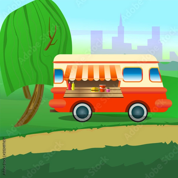 Fototapeta Street food truck with an umbrella for a cafe in the central park. Delivery of fast food. Vector illustration