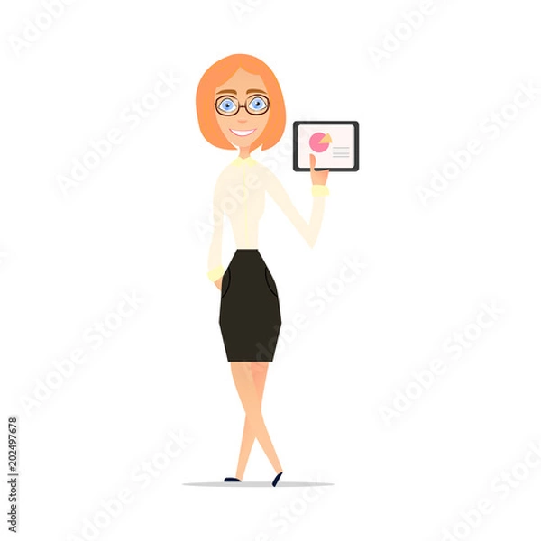 Obraz Business woman characters. Office lady demonstrates graphs and charts