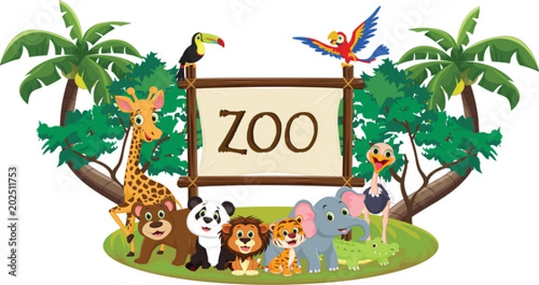 Fototapeta ilustracja zabawnej kreskówki zwierząt w zoo na białym tle