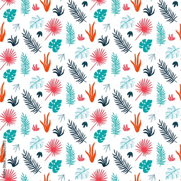 Fototapeta Colorful summer print with tropical leaves. Vector seamless pattern for fabric, wrapping, textile, wallpaper, etc.