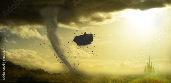 Obraz dom Dorothys zostaje zniszczony przez tornado ze szmaragdowym miastem w tle