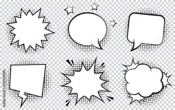 Fototapeta Retro empty comic bubbles and elements set with black halftone shadows on transparent background. Vector illustration, vintage design, pop art style.