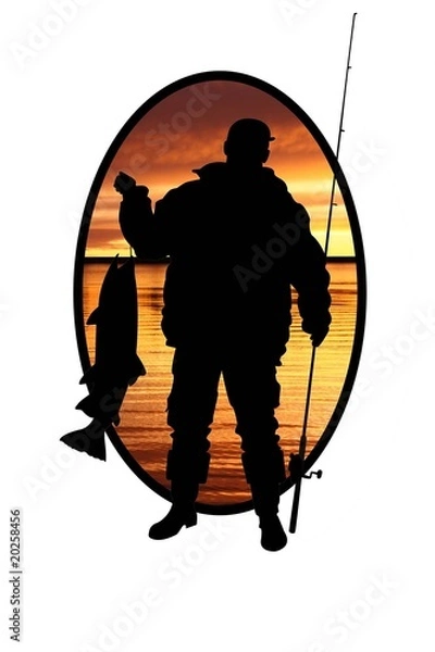 Obraz fisherman with a fish on a sunrise background