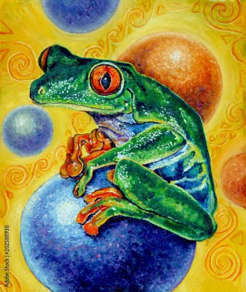 Fototapeta Cute frog on a blue ball oil on canvas