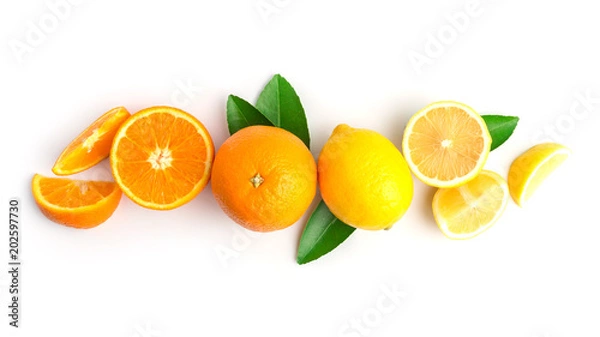 Fototapeta fresh orange and lemon on white in top view