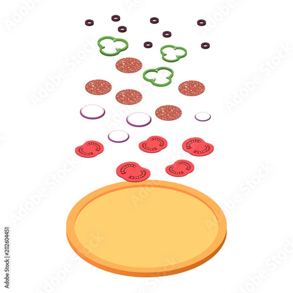 Fototapeta Explode pizza ingredients isometric view, fastfood concept