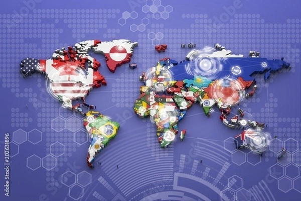 Fototapeta World map with all states and their flags,3d render